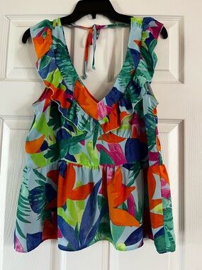 Floral & Ivy Colorful Tropical Ruffle Shell Top size large